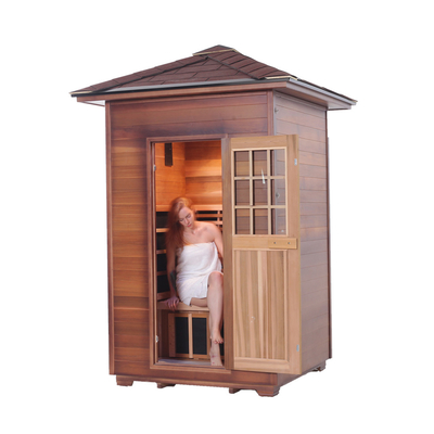 Sauna secca a infrarossi per esterni in legno ad angolo in cicuta di cedro rosso per 2 persone