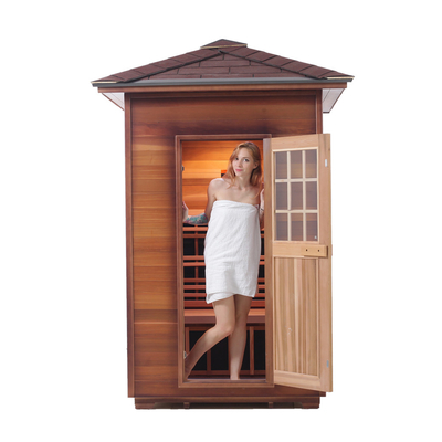 Sauna secca a infrarossi per esterni in legno ad angolo in cicuta di cedro rosso per 2 persone