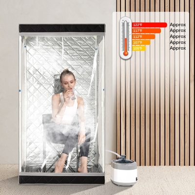 Vista completa Sauna a vapore portatile in tessuto nero impermeabile con capacità di 4 litri di acqua