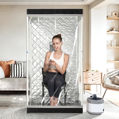 Vista completa Sauna a vapore portatile in tessuto nero impermeabile con capacità di 4 litri di acqua