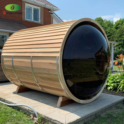 Sauna panoramica in vetro a botte di legno all'aperto Sauna domestica a vapore