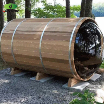 Sauna panoramica in vetro a botte di legno all'aperto Sauna domestica a vapore