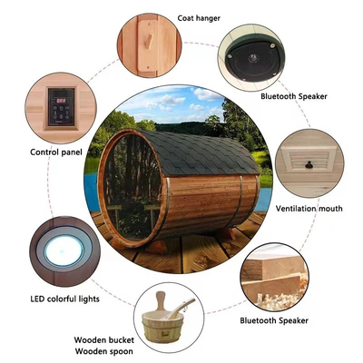 Vista panoramica Legno massello Barile di vapore esterno Sauna si riscalda rapidamente