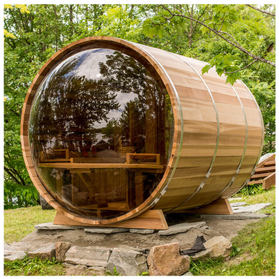 Sauna a botte esterno con finestra panoramica