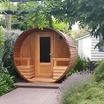 Sauna a vapore secca all'aperto in legno di cedro canadese Sala da bagno Sauna a botte di cedro