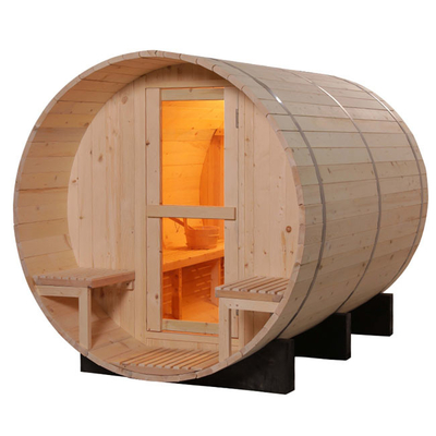 Sauna a botte per 6 persone con stufa a riscaldamento da 6 kW Porta in vetro temperato da 8 mm Colore legno 15-99 MIN Timer