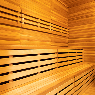 Sala sauna a vapore Hemlock con generatore di ozono a luce LED e pannello di controllo touch screen